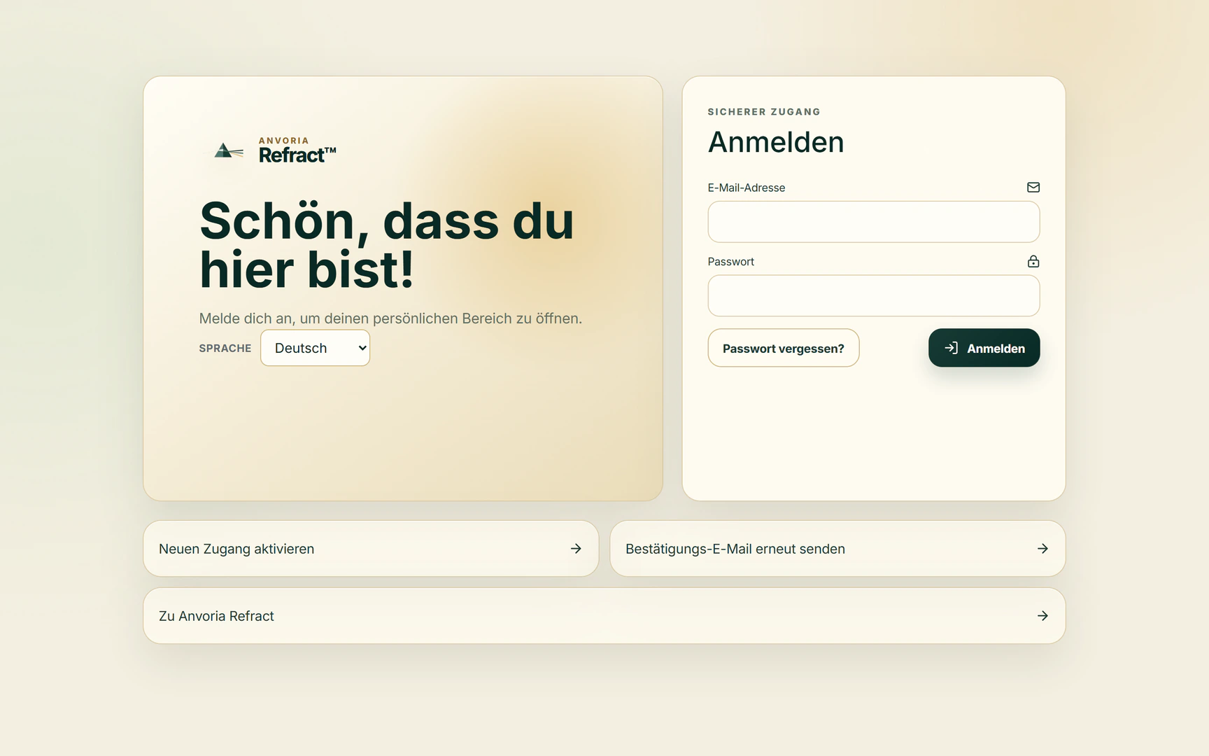 Anmeldeseite der Anvoria Refract™ App mit leeren E-Mail- und Passwortfeldern. Anvoria Refract Potenzialanalyse für strukturierte Persönlichkeitsentwicklung und gezieltes Life Coaching in Wien mit Life und Karriere Coach Steven Sabet