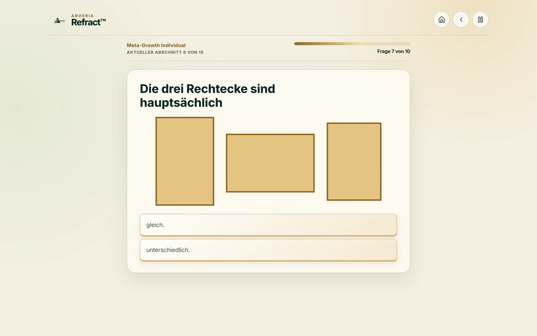 Frage aus Modul D des Anvoria Refract™ Assessments mit drei Rechtecken und den Antworten ‚gleich‘ und ‚unterschiedlich‘. Anvoria Refract Potenzialanalyse für strukturierte Persönlichkeitsentwicklung und gezieltes Life Coaching in Wien mit Life und Karriere Coach Steven Sabet