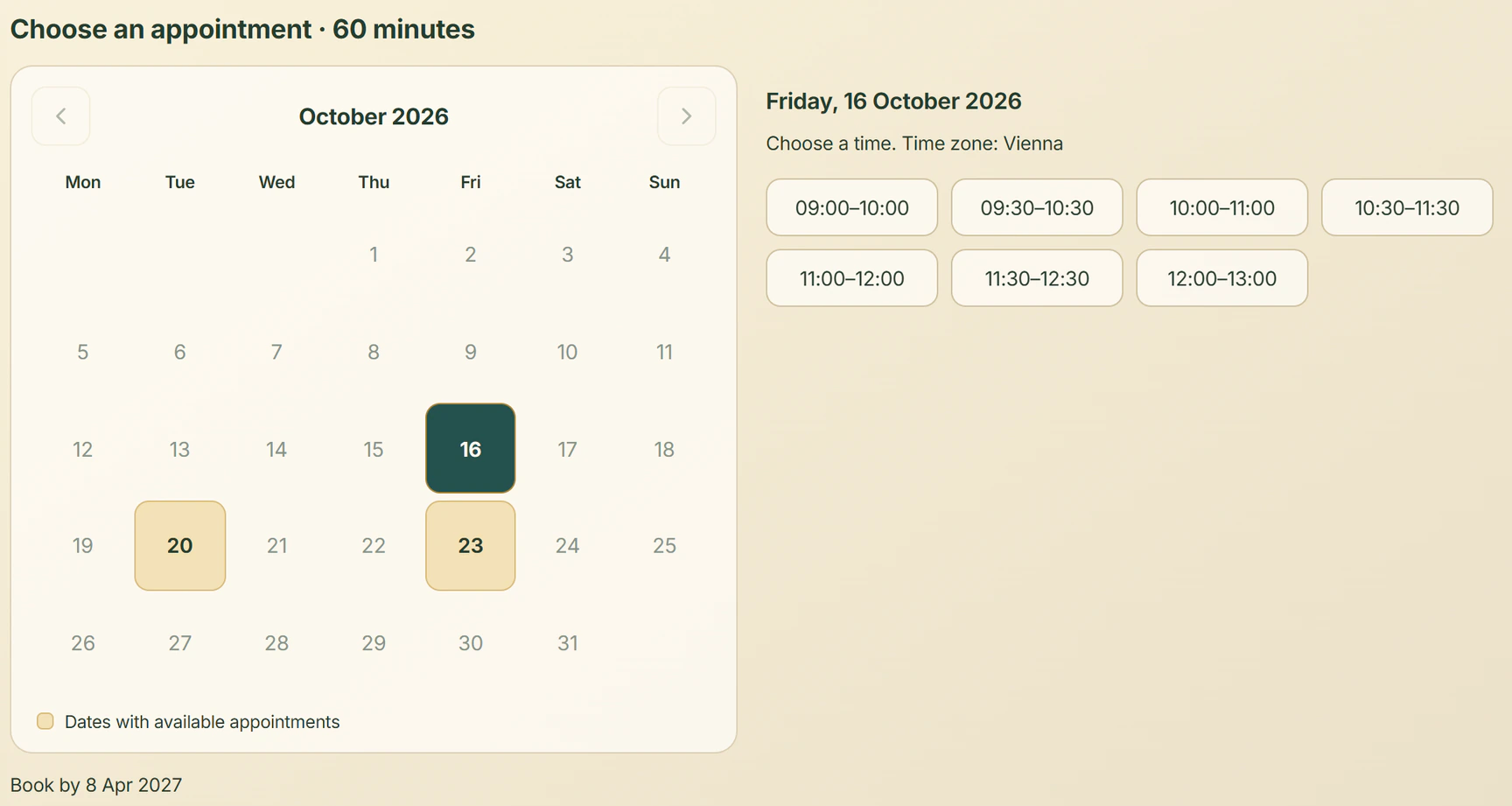 Anvoria Refract™ appointment calendar with 16 October 2026 selected and available times. Anvoria Refract potential analysis for structured personal development and targeted life coaching in Vienna with life and career coach Steven Sabet
