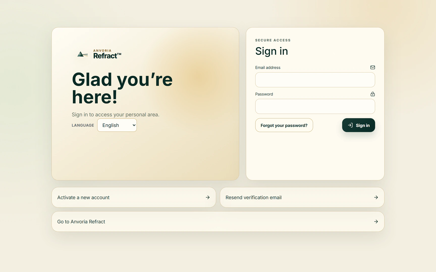 Anvoria Refract™ app sign-in page with empty email and password fields. Anvoria Refract potential analysis for structured personal development and targeted life coaching in Vienna with life and career coach Steven Sabet
