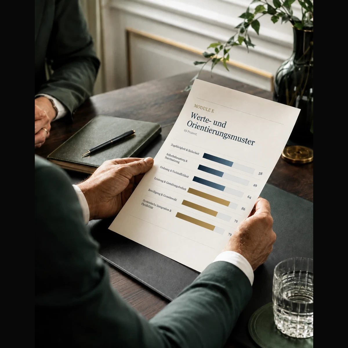 Anvoria Refract™ Modul-E-Bericht in Händen als Motiv für Leadership Assessment und berufliche Entwicklung