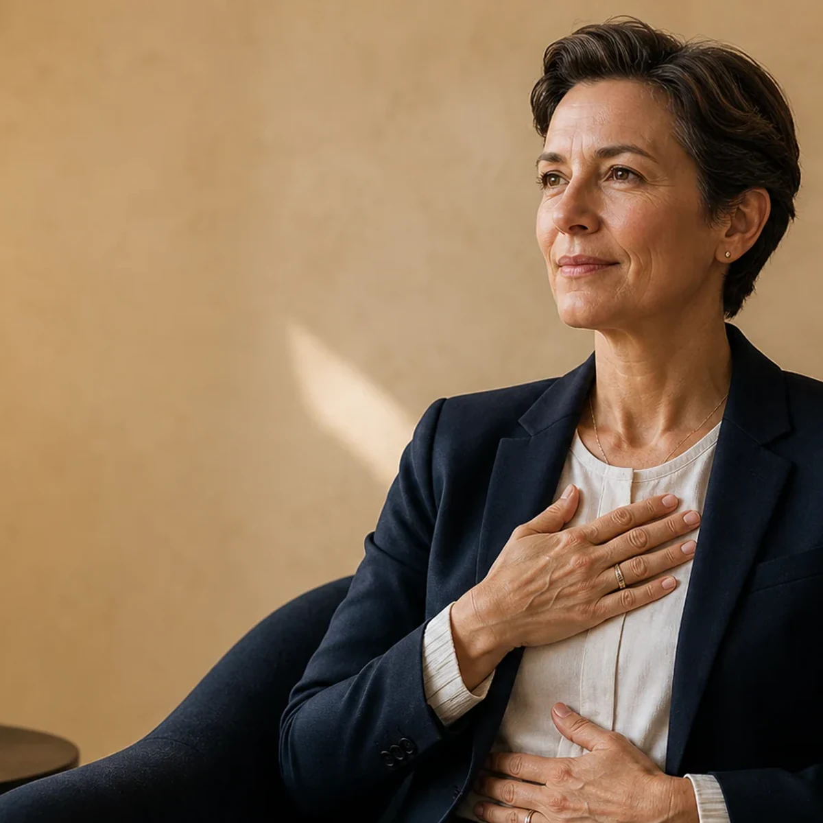 Frau mit einer Hand auf Herz und Bauch als Motiv der mBIT Certified Coach Ausbildung in Wien