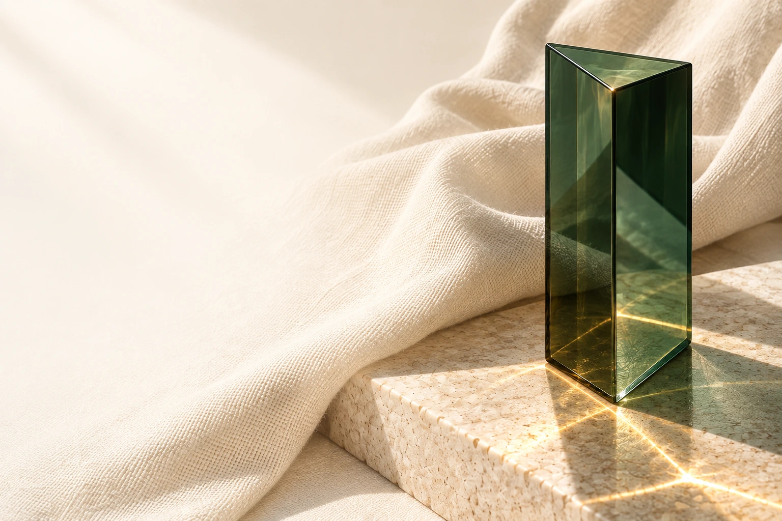 Lichtdurchflutete Prismenskulptur als ruhiger Abschluss der deutschen Anvoria Refract™ Individual Landingpage