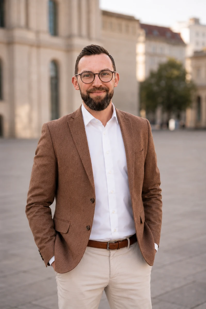 Steven Sabet, founder of Anvoria, outdoors in a brown blazer and white shirt